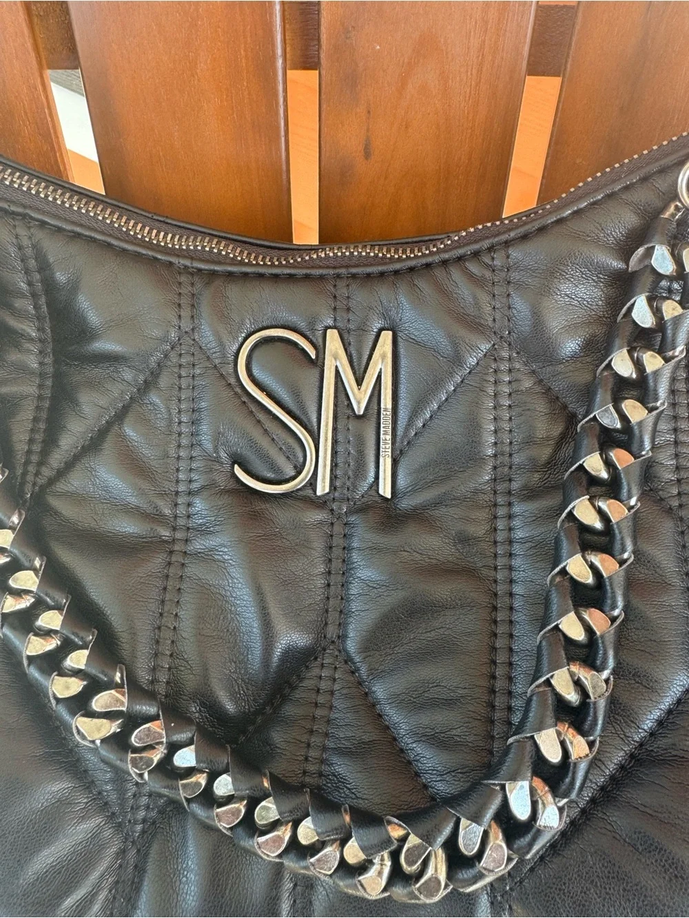 Quilted Steve Madden Black Leather Shoulder Bag with Chain Accent and SM LOGO